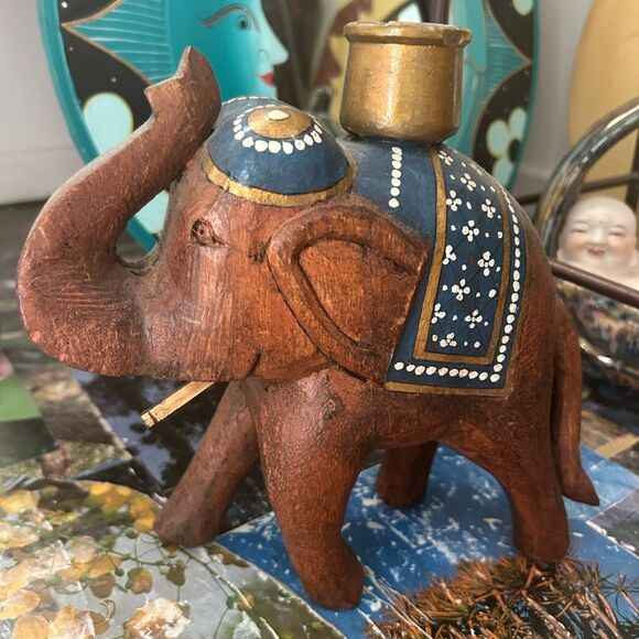 Wooden Hand Craved Elegant  Elephant Candle Stick Holder - Picture 1 of 16